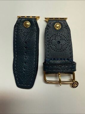 Marine Mahina Navy Leather Upcycled LV Apple Watch Band with Gold Hardware